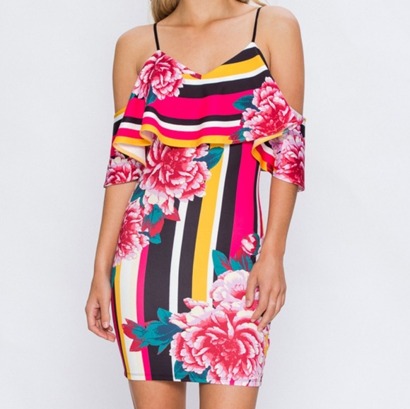 STRIPED FLORAL OFF THE SHOULDER MINI DRESS - Picture 2 of 8